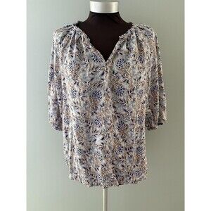 J Jill Love Linen Blouse Womens Small Floral Lightweight Beach Lagenlook Forest